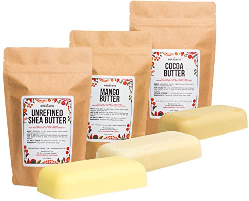 Better Shea Butter Set of Raw Shea Butter, Raw Mango Butter, Unrefined Cocoa Butter For Soap Making and DIY Body Butters, Lip Balms, Body Lotions - Each Jar is 8 oz Making 24 oz Total (3-Bar Set)