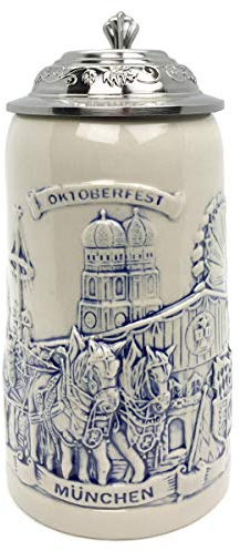 Essence of Europe Gifts 1 Liter | OktoberfestHaus Oktoberfest Mugs Engraved Beer Stein German Raised Relief Munich Festival Scene Stoneware Beer Mug Tankard With Lid