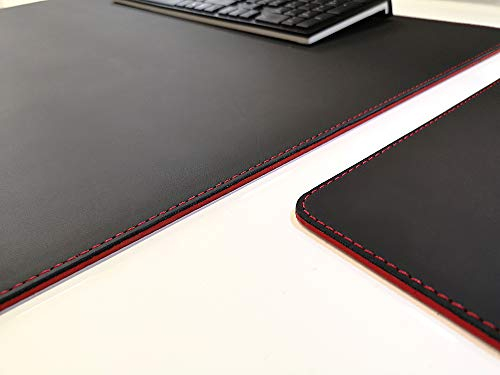 Schreibtischunterlage mit Mousepad Echt Leder Schwarz mit roten Absatz 90 x 50 cm Echt Nappaleder glatt