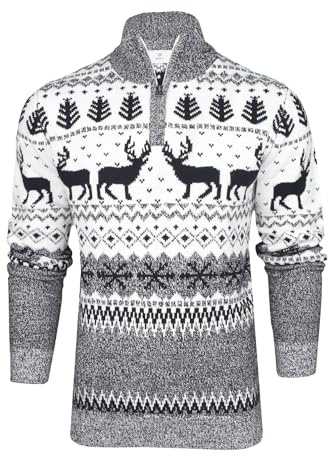 Xact Maglione Natalizio da Uomo con Zip a 1/4 con Tradizionale Motivo Festivo Fairisle (Ecru) M