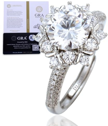 HALUKAKAH Anello da Donna Moissanite D2,0 ct Argento Sterling 925 Placcato Platino con Certificato,Diamanti da Laboratorio Rotondo a Girasole a Griffe,per Fidanzamenti,Matrimoni,Misura Regolabile