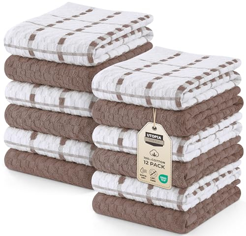Utopia Towels - 12er Pack Geschirrtücher Küchentücher, 38 x 64 cm Baumwolle Geschirrtüch – Maschinenwaschbar (Braun und Weiß)