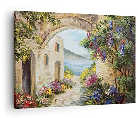 Moderne Impression sur Toile Maison Santorini Fleurs Image Tableau Decoration Murale 70x50cm Deco Cadre Décoration Salon Chambre Cuisine Horizontal Tableaux Decoratifs Muraux Art Wall AA70x50-4191