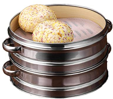 PIAOLING 2-stöckiger Bambus-Dämpfkorb, chinesischer Lebensmittelkorb, Edelstahl-Dampfgarer mit Deckel für Gemüse, Fleischknödel, Dim-Sum-Brötchen