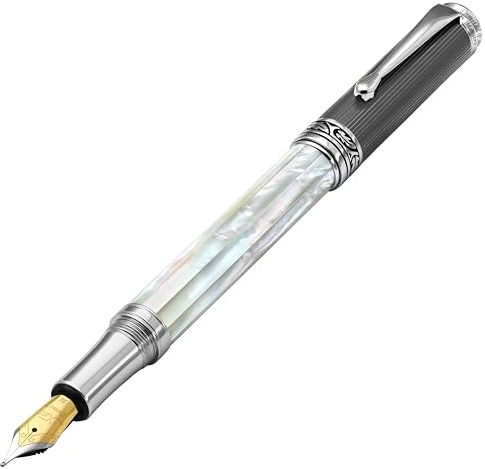 Xezo Maestro Handmade Fountain Pen, Medium Nib. Iridescent Oceanic Origin White Mother of Pearl with Diamond-Like Carbon PVD. Serialized, No Two Pens Alike