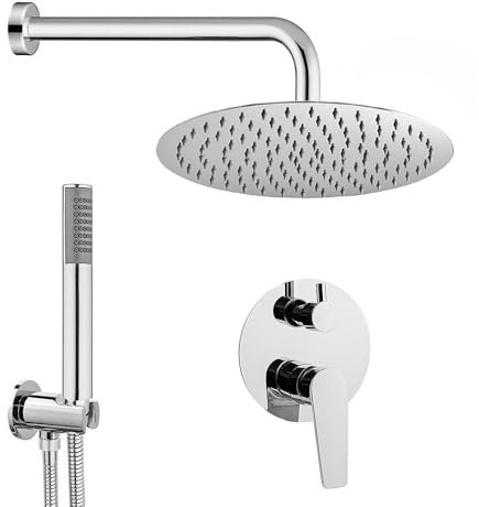 Set Doccia Completo Tondo, Sistema Incasso compreso di Miscelatore con deviatore, soffione Acciaio Inox Tondo 20 cm e Kit doccetta anticalcare, Recta