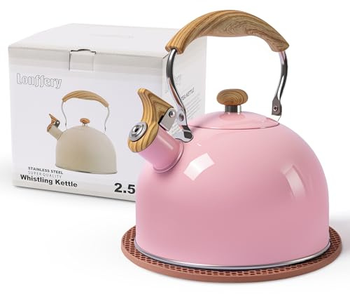 LONFFERY Tea Kettle for Stove Top | 2.5 Quart Whistling Tea Kettle, with Food Grade Stainless Steel and Wood Pattern Folding Handle, Pink
