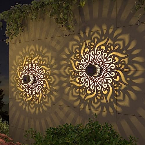 gardencave 2 Pack Solar Fence Lights Metal Solar Powered Outdoor Deck Step Wall Lights Mandala Theme Waterproof Fence Light for Garden Post Patio Backyard Yard Decor (2 Pack)