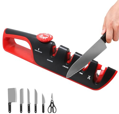 MesserschäRfer, 4-in-1 Messerschleifer mit 6 WinkelfüHrung und ScherenschäRfer, Manuelle MesserschäRfer Profi, Keramikstein, Wolframcarbid, Diamant, Rot