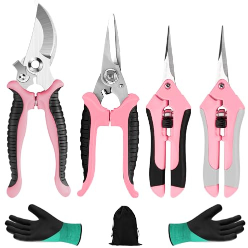 4 Packs Garden Pruning Shears Stainless Steel Blades Handheld Pruners Set with Gardening Gloves(Pink)