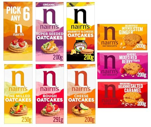Nairn's Variety Pack - Pick Any 6 - Oat Biscuits and Oatcakes - Healthy Snacks - Assorted Flavours: Fruit & Seed, Stem Ginger, Mixed Berries & More