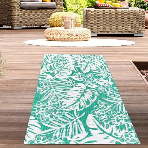 CARPETIA Alfombra de Exterior Resistente a la Intemperie plástico reciclable Picnic Camping Playa balcón Alfombra Runner Reversible Polipropileno Hojas petróleo 90 x 150 cm
