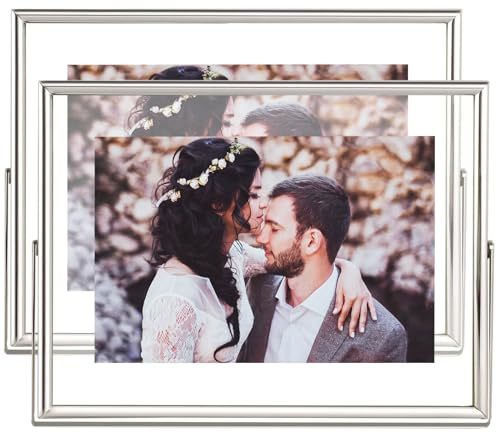 CROXXID 4x6 Floating Picture Frames Set of 2, Made of Metal and Double Real Glass, for Photo Size up to 6x8, Tabletop Display Home or Wedding Decoration (Horizontal Silver)