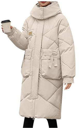 Daunenmantel Gefüttert Elegant Wintermantel Damen Lang Warm Steppmantel mit Kapuze Winterjack Übergangsjacke Gesteppte Leichte Lang Puffer Mantel Steppjacke Kapuzenjacke Fleece Winterjacken
