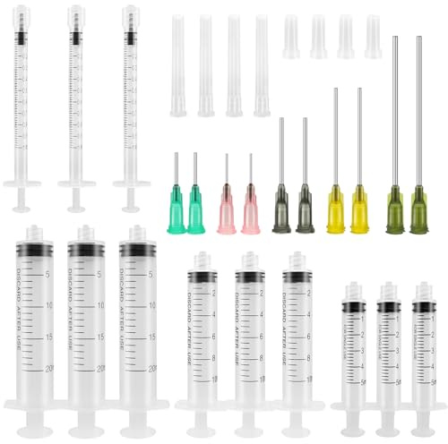 Sprutset med trubbiga nålar, 12 stycken, 1–20 ml, Luer-Lock | 5 doseringsnålsstorlekar 14 G–20 G, skalor och lock för lim, olja, bläck, hantverk och vätskeöverföring