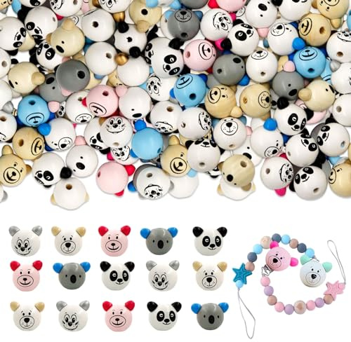 50 Stück Holzperlen mit Gesicht, Koala Bär Panda Gesicht Holzperle | Bärenkopf Holzperlen, Holzperlen mit Gesicht Sorgenwürmchen, Holzkugeln mit Loch für DIY Armband Halskette Schmuck