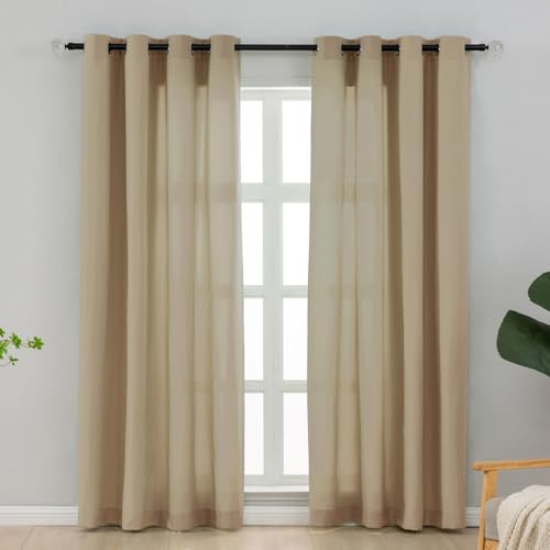 L.Z.E Gardinen Vorhänge Sand Beige, Sichtschutz 70% Lichtdurchlässig Gardine Vorhang für Schlafzimmer Wohnzimmer Privatsphäre, Dünne Baumwolloptik Stores mit Ösen, 245 cm Lang, Einfarbig