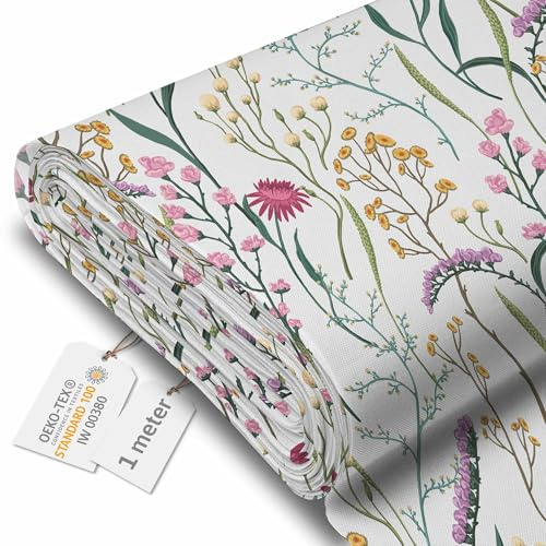 DreamRoots Markisenstoff Meterware, Dried Flowers, 1 m | Oxford Segeltuch, wasserdicht, Polsterstoff Meterware, 220 g/m² 600D, 160 cm breit, für außen & Deko