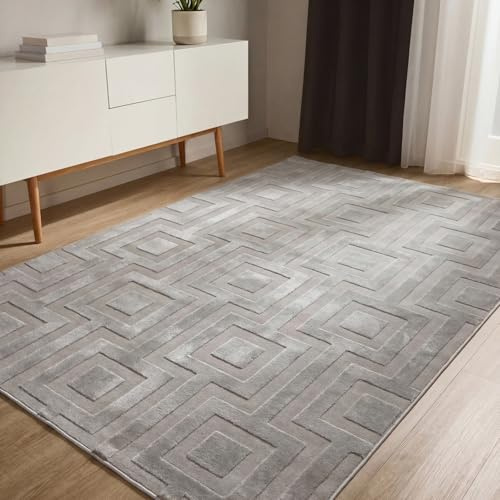 benuta Basic Teppich Claire - Grau 140x200 cm - Minimalistischer Wohnzimmerteppich im Geometrischen Retro-Stil - Pflegeleicht - Fußbodenheizung Geeignet