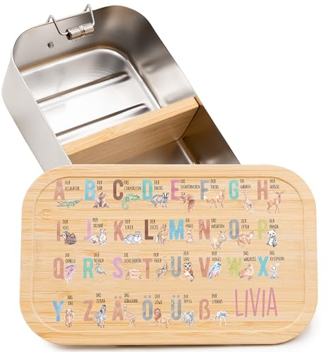 Kidsmood - Personalisierte Brotdose Kinder mit Fächern – Edelstahl Snackbox mit Fächern für Schule & Kindergarten – Lunchbox mit Bambusdeckel für Einschulung Mädchen & Jungen [ABC-Design]