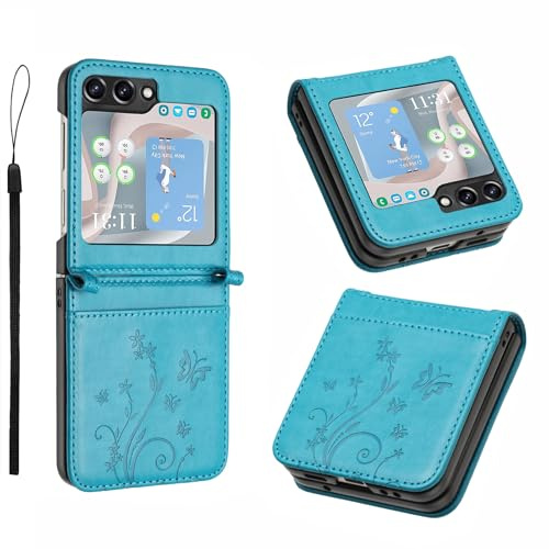 Anshow Lederhülle mit Samsung Galaxy Z Flip 6 Hülle, Handyhülle für Samsung Galaxy Z Flip 6, Flip Wallet Hülle Leder Tasche Schutzhülle, Blau