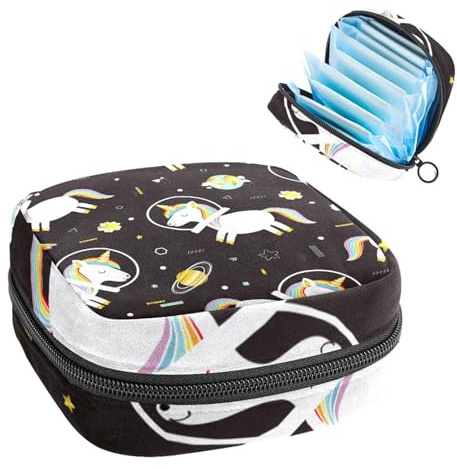 Aufbewahrungstasche für Damenbinden, Menstruationstassenbeutel, Periodenbeutel Organizer für Damenbinden, Tampons, Einhorn-Astronaut, Weltraum-Astronaut, schwarzer Hintergrund