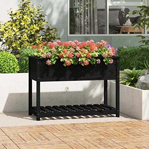 Iiaky Jardinière avec étagère Noir 111,5x54x81 cm Bois Massif de pin,Jardiniere sur Pieds,Jardiniere Terrasse