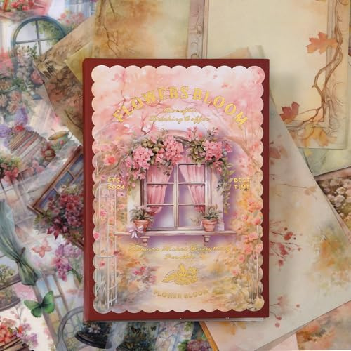 Sgbvzbd Blumen- und Schmetterlings-Motiv-Aufkleber, Scrapbooking-Zubehör für Junk-Tagebuch, 54 Blatt, Washi-PET-Aufkleber, Vintage-Tagebuchbedarf, Ephemera-Aufkleberbuch, vorgeschnitten (TZ-001-001)