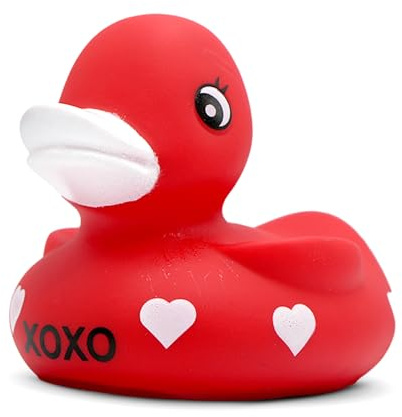 4E's Novelty 3 Valentines Rubber Duck - Large Red XOXO Sweetheart Ducky for Romantic Decoration, Jeep Ducking, Bath Toy, Cake Topper, Party Supplies, Valentines Day Gift for Him Her