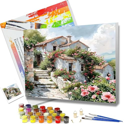 JATOK Paint by Numbers for Adults with Frame, Painting Kits for Beginners On Clear Colored Canvas, Easy DIY Acrylic Pigment Drawing Paintwork for Home Wall Decor, Countryside 30x40CM/12x16in