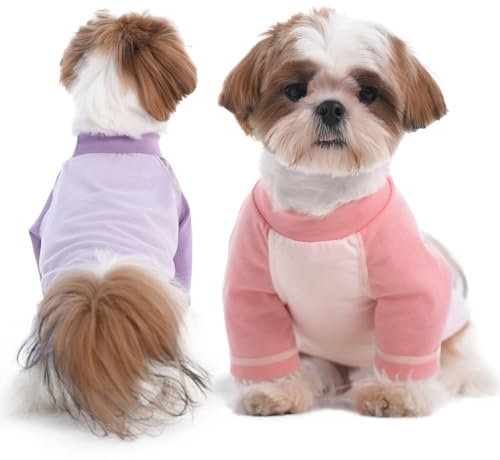DENTRUN 2 Stück Hunde Shirt, Hund T-Shirt mit Ärmeln, Shirt für kleine Hund, Atmungsaktive und Bequeme Hundebekleidung, Strand, Unterwegs, Shih Tzu (Rosa, Lila S)