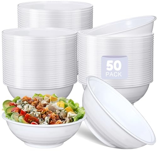 Funnymoom 50 Pack 48 oz White Disposable Plastic Bowls Large Disposable Party Bowls Salad Container for Chips, Popcorn, Snacks, Mints, Salad Bar, Snack Weddings Catering and Birthday Party
