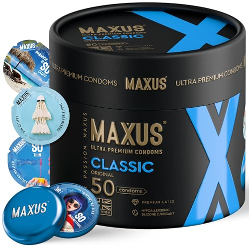 MAXUS Classic, 50 Lubricated Condoms for Men, Regular Fit, Natural Latex, Easy-On Shape, Premium Quality, Includes Stylish Metal Case, Pack of 50
