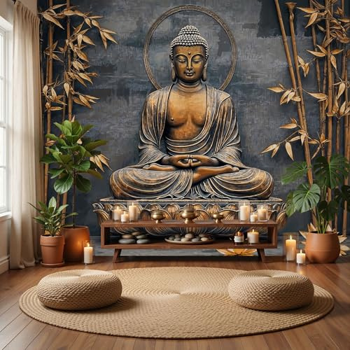 DLERFLOVR Golden Buddha Statue 3D Large Photo Wallpaper - Eastern Zen Wall Murals Picture Art Decor Mural Wallpaper for Living Room Bedroom Tv Background Office Decor - 96 Wx 69 H Grey
