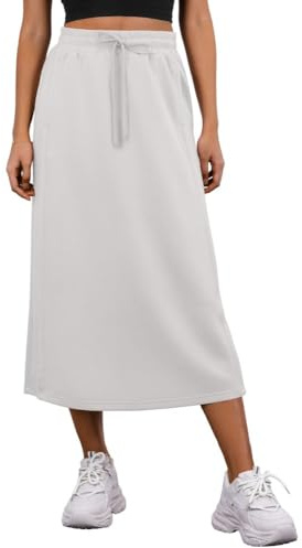 PrinStory Women's Midi Skirts Summer Elasticated Waist Ladies Skirts With Pockets And Back Split