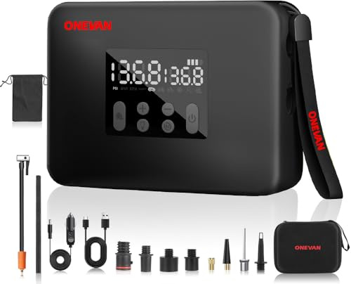 ONEVAN Elektrische Autoreifen Pumpe 160PSI Tragbarer Luftkompressor mit 7800mAh Akku LCD Display 4 Düsen LED Licht für Auto Motorrad Fahrrad (Schwarz)