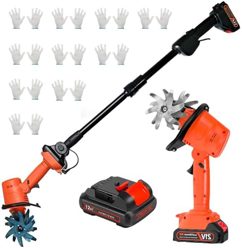 Handheld 21V Cordless Mini Tiller Cultivator - 2 Battery, 10 Gloves, 235 RPM, 10cm Tilling Width & Depth, 4 Rows Tines - Electric Garden Rotavator Tool Weeder