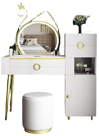Tavolo Trucco Grande scrivania da toeletta con cassetti, specchi e sgabelli, set da toeletta moderno con armadietto, toeletta da trucco for camera da letto Toilette con specchio(Bianco)