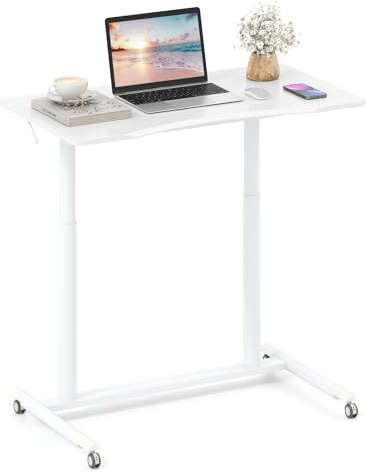 COSTWAY Escritorio Elevable 95 x 52cm, Altura Ajustable, Secretaria Elevatoria con Ruedas Bloqueables, Marco de Metal, para Espacios Pequeños, Mesa Escritorio Oficina Despacho (Blanco)