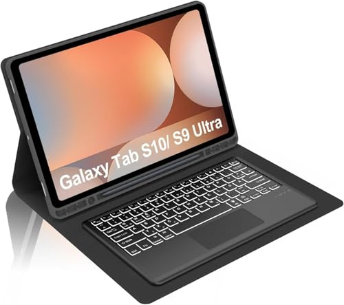 Occtingkind, Tastiera per Samsung Galaxy Tab S10 Ultra/S9 Ultra 14.6 2024/2023 SM-X920/X926B/X910/X916B, custodia con tastiera Bluetooth, QWERTZ, USB C, retroilluminazione, trackpad, nero