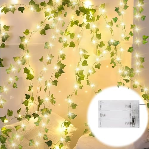 2 Stück LED Lichterkette Efeu Künstlich, 5M 50LED Efeu Lichterkette Innen Efeu Girlande LED-Licht Batterie, Efeu-Lichterkette Girlande mit Blättern für Hochzeit Party Garten Wohnung Balkon