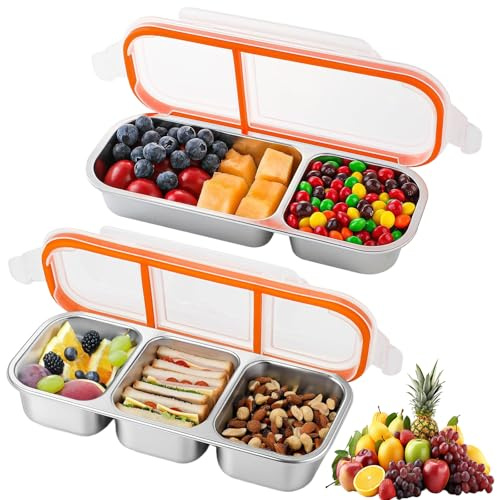 PIWOSGOL 2 Stück Snackbox mit Fächern, Brotdose Kinder mit Fächern aus Edelstahl, Snackschale mit Deckel, Leckdichte Brotdose für Schule, Arbeit, Camping, Spülmaschinenfest Brotbox für Snacks & Lunch