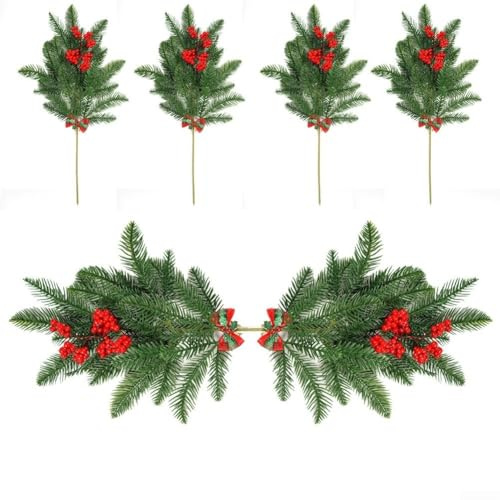 HpLive 6 rami di abete artificiali, 49 cm, con bacche di agrifoglio rosse, per decorazioni natalizie, albero, ghirlanda, fai da te