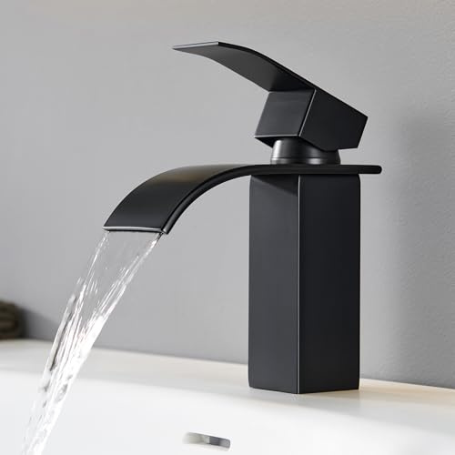 CECIPA vattenkran badrum svart, tvättställsblandare vattenfall, armatur badrum rostfritt stål, tvättställ armaturer med varmt och kallt vatten, enkelspaksblandare blandare, vattenutloppshöjd 85 mm