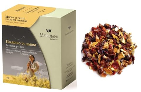 Meridiani® | Giardino Limoni Miscela Frutta e Fiori | Infuso Fruttato Limone Aroma Vaniglia Rosa Canina - (80 Gr) | Miscela per Infusione Senza Caffeina