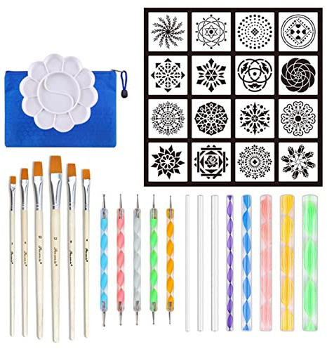 37-teiliges Mandala-Dotting-Werkzeug-Set mit Schablonen, Palette, Pinsel, Stylus-Stiften zum Malen von Steinen, Nägeln, Leinwand, Malerei, Kunst, Zeichnen