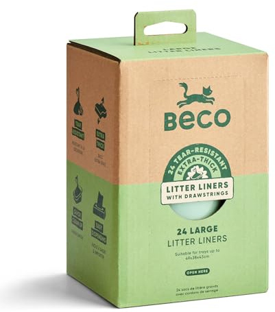 24 Pack Beco Cat Litter Tray Liners, Heavy Duty Drawstring Liners, Large | Extra-thick, heavy duty, tear-resistant recycled plastic; secure tie drawstring closure, helps to reduce litter tray odour