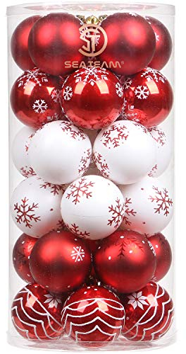 Sea Team Set aus bunten und glitzernden Ornamenten und hängenden Kugeln für den Weihnachtsbaum, Kunststoff, Rot und Weiß, 60 mm, 2,36, 30 Stück