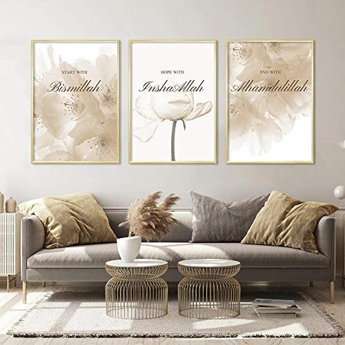 Nordic Ideas Set de 3 Tableaux Islamique Calligraphie Doré Fleur Affiches Murale Toile Citation Posters 50 x 70 cm sans Cadre PTOF001-XL