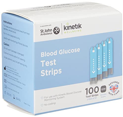 Kinetik Wellbeing Blood Glucose Test Strips, Pack of 100 - Compatible with Kinetik Monitor AG-607 - Home Diabetic Glucose Strips Used by the NHS - For Blood Sugar Level Monitors & Diabetes Management